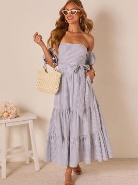 ANNAH STRIPED OFF SHOULDER MAXI